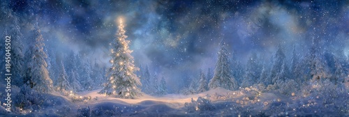 winter christmas panoramic landscape snow night forest village lights cinematic ultra wide snowy night panorama with