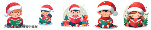 little boy wearing santa hat while reading book. Vector, minimalist, illustration, icon set.