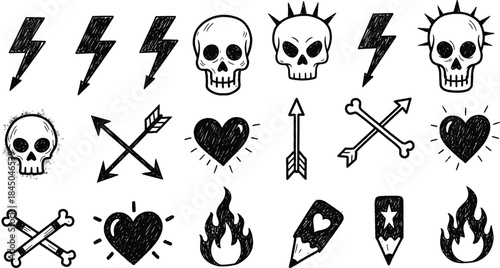 Doodle grunge rock set, hand drawn vector graffiti groovy punk print kit, emo gothic heart sign. Marker scribble sticker, crayon wax paint collage icon, gun, fire, knife, lips.