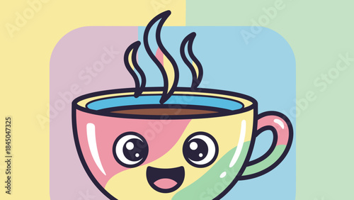 A cute cartoon coffee cup with a happy face and colorful design, steaming.