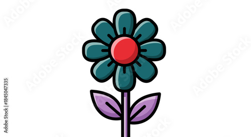 Illustration of a stylized flower with teal petals, a red center, and purple leaves on a stem.