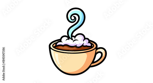 Illustration of a steaming cup of coffee with foam, depicted in a cartoon style.