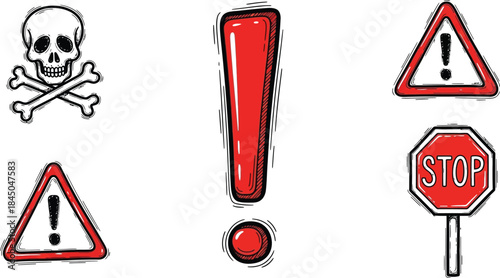 Collection of five red and white traffic and prohibition signs on white background stop sign warning sign