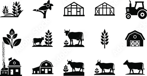 Minimalist farming icons set featuring barn, tractor, and cow in black silhouette