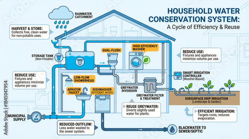 Household Water Conservation and Reuse System Infographic
