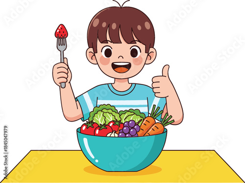 Cheerful vector illustration of a happy boy giving a thumbs-up while holding a fork with a strawberry, celebrating a large bowl of healthy, vibrant fruits and vegetables