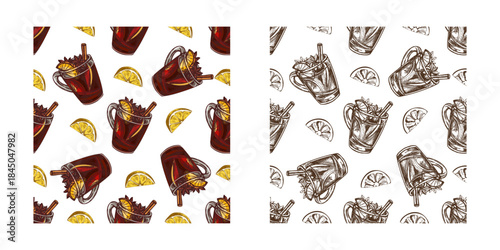 Hand drawn vintage seamless pattern of mulled wine with lemon slices and sketch stars in cozy festive style