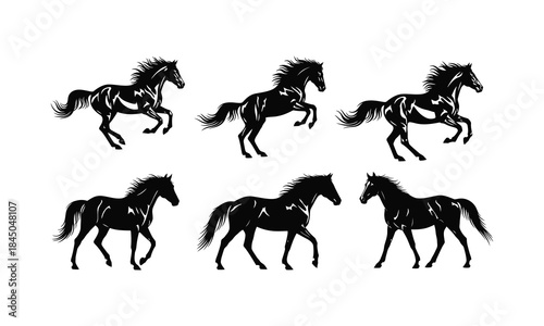 Set of six galloping and trotting horse silhouettes in various poses