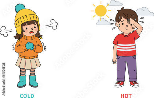  Educational vector illustration clearly contrasting the basic English antonyms of cold and hot, showing two children dressed appropriately for each extreme temperature, perfect for school lessons.