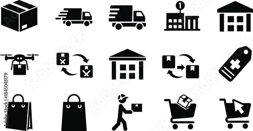 Fast delivery truck icons, shipping symbols set, express transportation graphic, courier service design, logistic speed icon pack for business