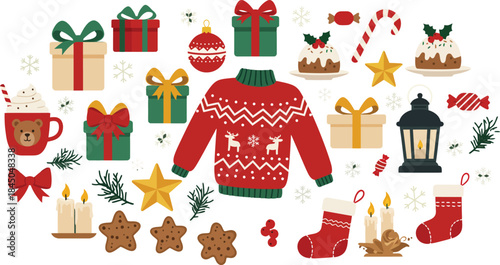 Cozy christmas sweater surrounded by holiday treats