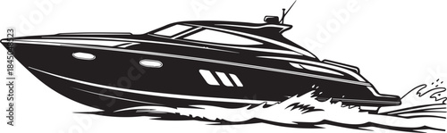 Sleek black speedboat cutting through water with a dynamic artistic sketch style