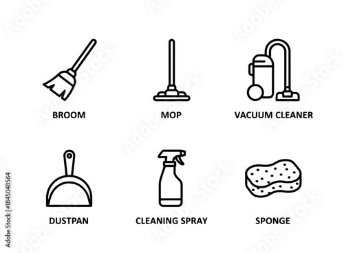 Broom Mop Vacuum Cleaner Dustpan Cleaning Spray Sponge Minimal Bold Line Icon