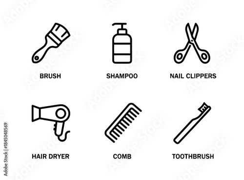 Brush Shampoo Nail Clippers Hair Dryer Comb Toothbrush Minimal Bold Line Icon