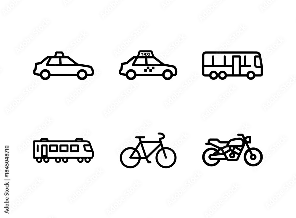 Obraz premium Car Taxi Bus Train Bicycle Motorcycle Minimal Bold Line Icon Set