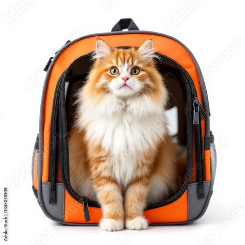 Fluffy orange and white cat peeking out of an orange pet carrier on white background