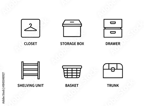 Closet Storage Box Drawer Shelving Unit Basket Trunk Minimal Bold Line Icon Set