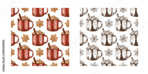 Hand drawn vintage seamless pattern of hot cocoa mugs with marshmallows and snowflake cookies in color and monochrome version