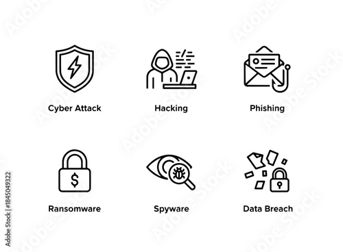 Cyber Attack Hacking Phishing Ransomware Spyware Data Breach Minimal Bold Line Icon