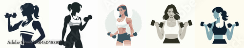 a woman is lifting dumbbells. Vector, minimalist, illustration, icon set.