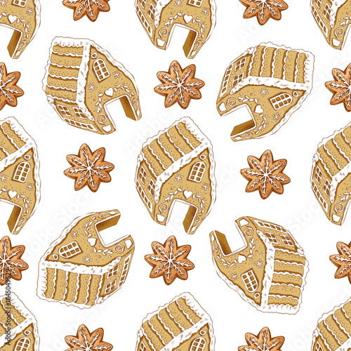 Hand drawn vintage seamless pattern of gingerbread house and star anise in warm brown color, vector illustration