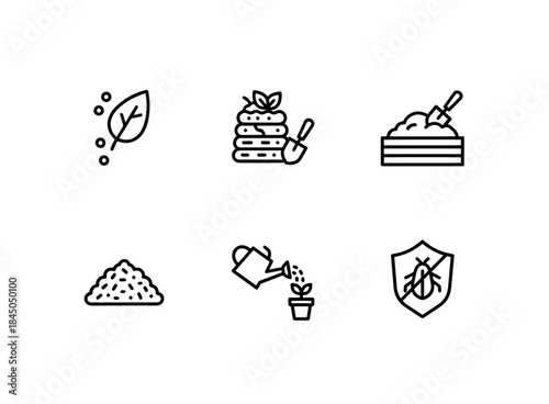 Fertilizer Compost Soil Mulch Plant Food Pest Control Minimal Bold Line Icon Set