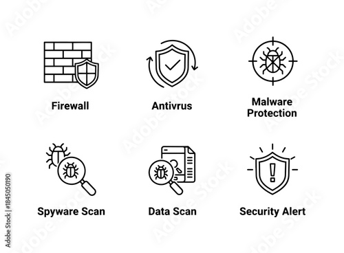 Firewall Antivirus Malware Protection Spyware Scan Data Scan Security Alert Minimal Icon Set