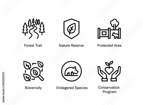 Forest Trail Nature Reserve Protected Area Biodiversity Endangered Species Conservation Minimal Bold Icon Set