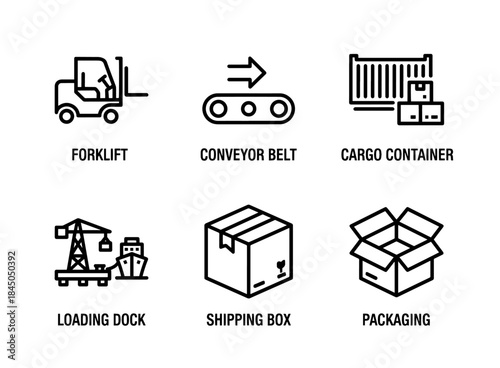 Forklift Conveyor Belt Loading Dock Cargo Container Shipping Box Packaging Minimal Icon Set