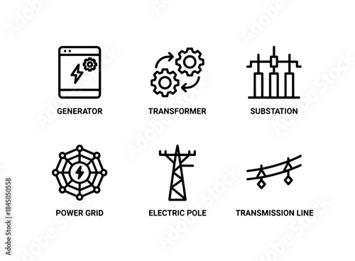 Generator Transformer Substation Power Grid Electric Pole Transmission Line Minimal Icon Set