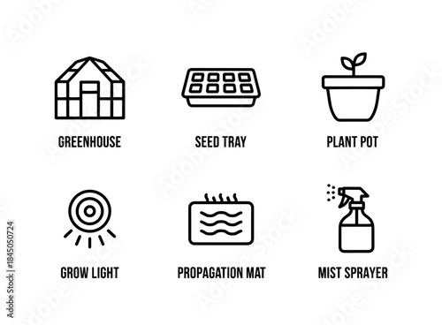 Greenhouse Seed Tray Plant Pot Grow Light Propagation Mat Mist Sprayer Minimal Icon Set