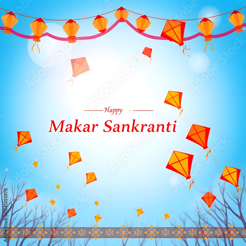 Kites Illustration Banner (Blue Sky, Snow)
Numerous yellow kites flying in blue winter sky with clouds and stylized bare trees, wishing “Happy Makar Sankranti” illustration.

