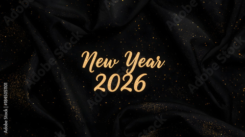 New Year 2026 Golden Script Banner
Elegant “New Year 2026” golden cursive text on black satin cloth with subtle golden glitter illustration.
