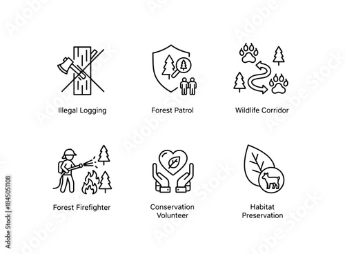 Illegal Logging Forest Patrol Wildlife Corridor Forest Firefighter Conservation Volunteer Minimal Icon Set
