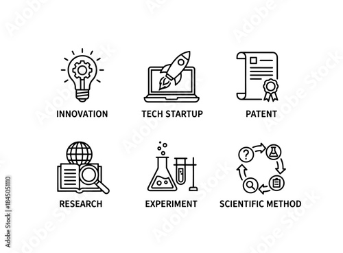 Innovation Tech Startup Patent Research Experiment Scientific Method Minimal Bold Icon Set