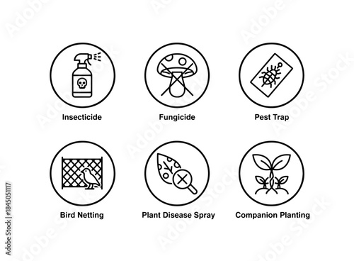 Insecticide Fungicide Pest Trap Bird Netting Plant Disease Spray Companion Plant Minimal Icon Set