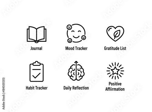 Journal Mood Tracker Gratitude List Habit Tracker Daily Reflection Positive Affirmations Minimal Icon Set