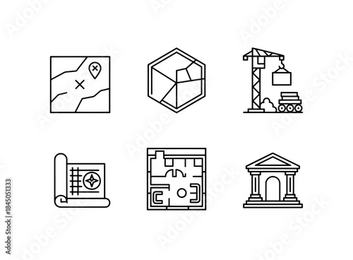 Land Plot Construction Site Blueprint Floor Plan Architecture Minimal Bold Line Icon Set