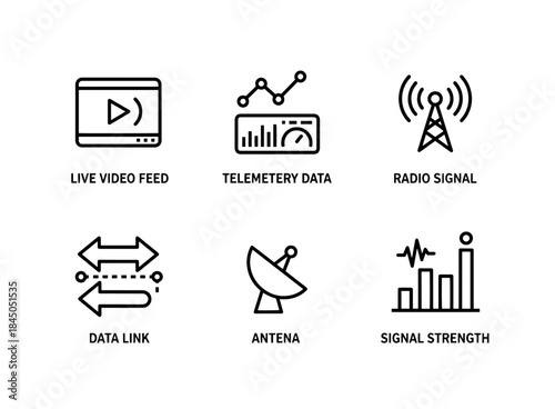 Live Video Feed Telemetry Data Radio Signal Data Link Antenna Signal Strength Minimal Icon Set