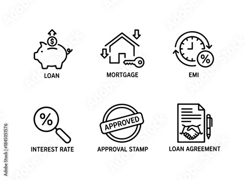 Loan Mortgage EMI Interest Rate Approval Stamp Loan Agreement Minimal Bold Line Icon Set
