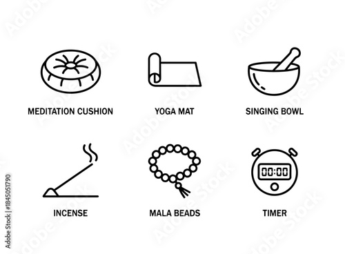 Meditation Cushion Yoga Mat Singing Bowl Incense Mala Beads Timer Minimal Bold Icon Set