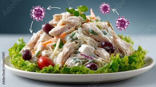 Food poisoning concept ,Chicken salad with cross contamination arrows and visual bacteria