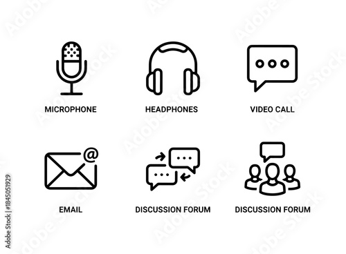 Microphone Headphones Video Call Chat Bubble Email Discussion Forum Minimal Bold Icon Set