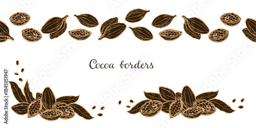 Cocoa borders set isolated. Branches and cocoa leaves, fruits, seeds in vintage linear sketch style. Engraving hand drawn cocoa plant border and compositions for chocolate, cacao pods food background.