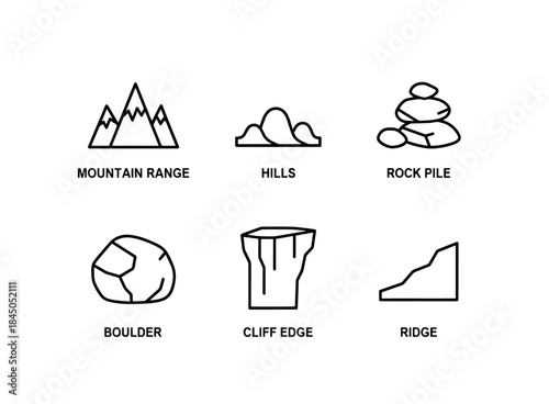 Mountain Range Hills Rock Pile Boulder Cliff Edge Ridge Minimal Bold Line Icon Set