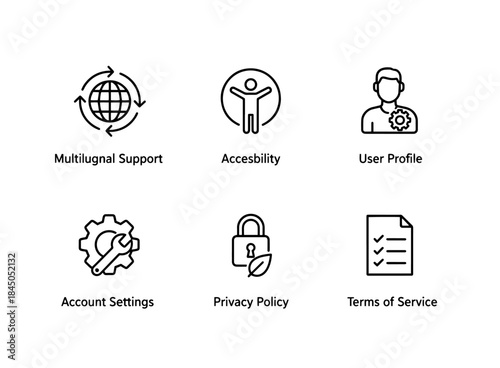 Multilingual Support Accessibility User Profile Account Settings Privacy Policy Minimal Icon Set