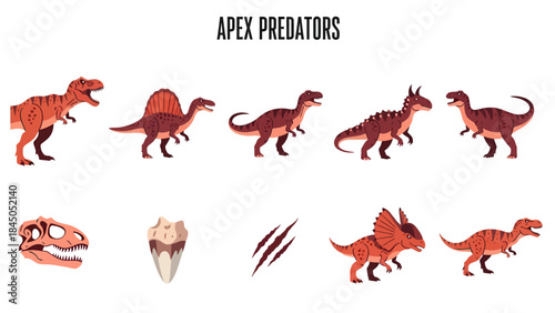Five apex predator dinosaurs and four related fossilsicons on a white background