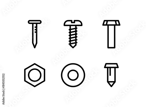 Nail Screw Bolt Nut Washer Rivet Minimal Bold Line Icon Set Arranged