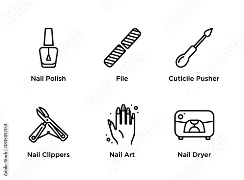 Nail Polish Nail File Cuticle Pusher Nail Clippers Nail Art Nail Dryer Minimal Icon Set