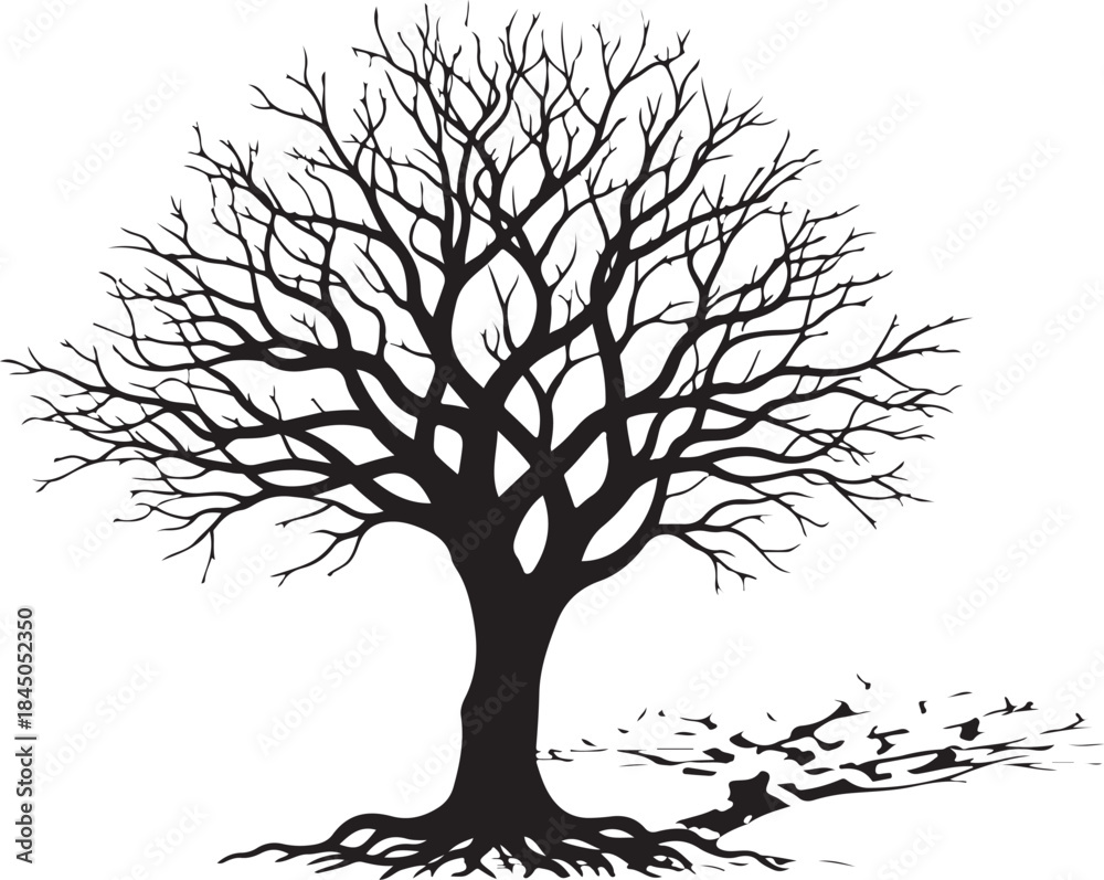 Obraz premium Illustration of black silhouette of a bare tree with roots on